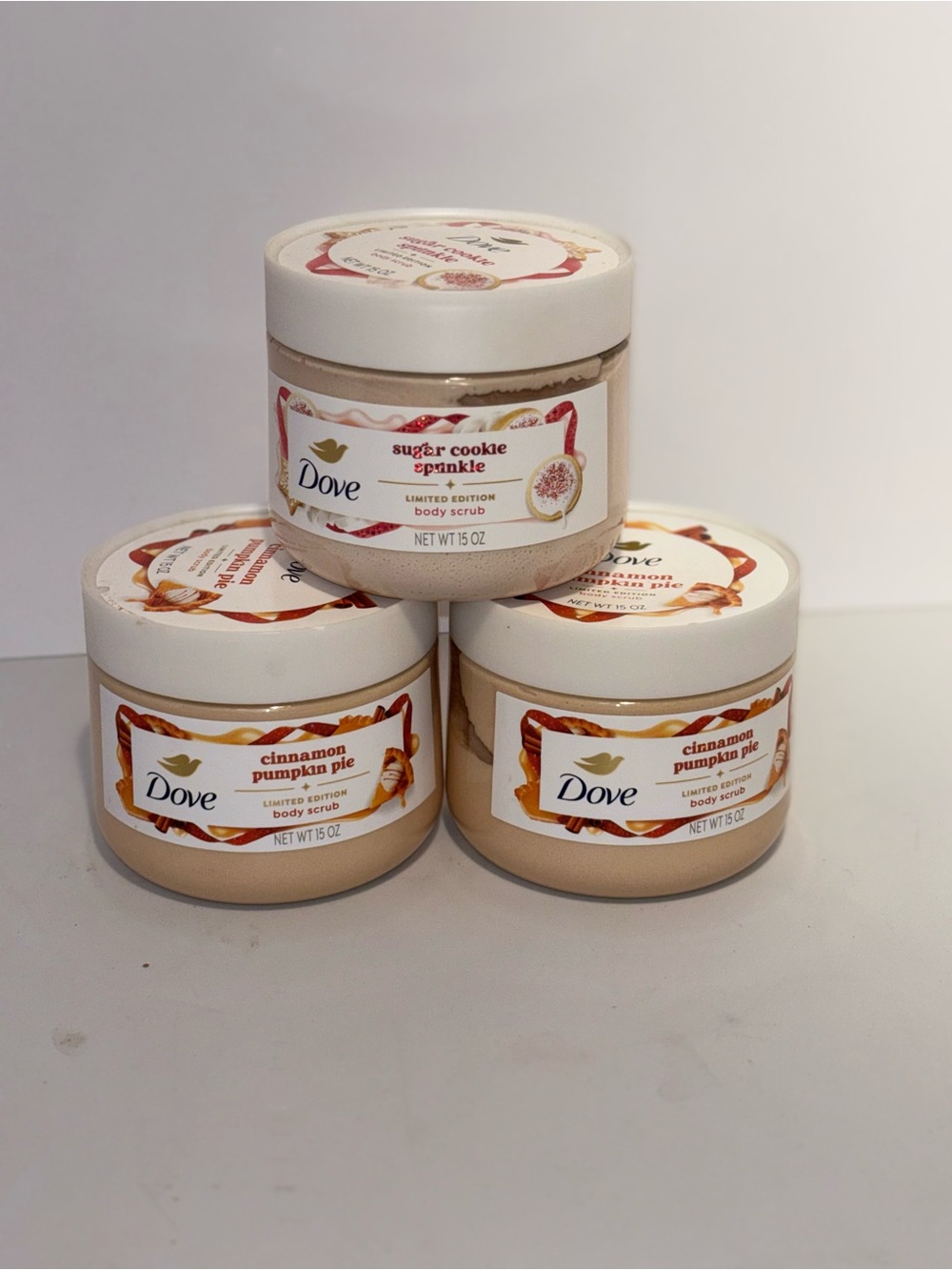 Discontinued Dove Cinnamon Pumpkin Pie-Sugar Cookie Sprinkle Body Scrub Bundle